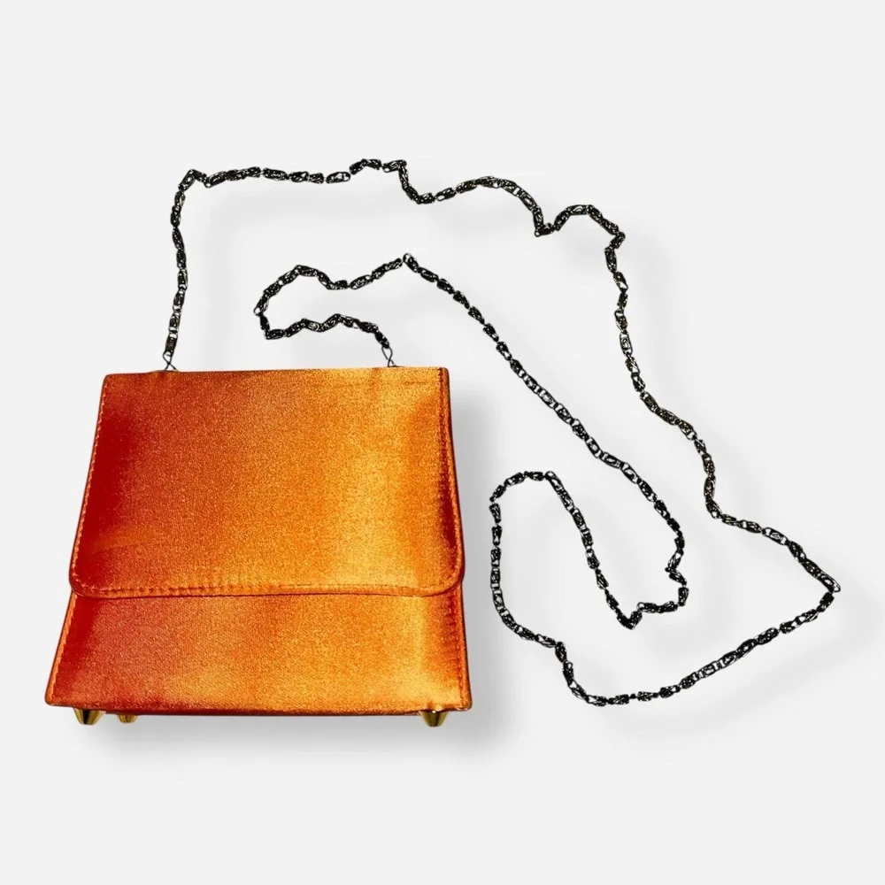 Vintage Satin Clutch Evening Bag Silk Orange Gold Chain‎ Crossbody Clutch